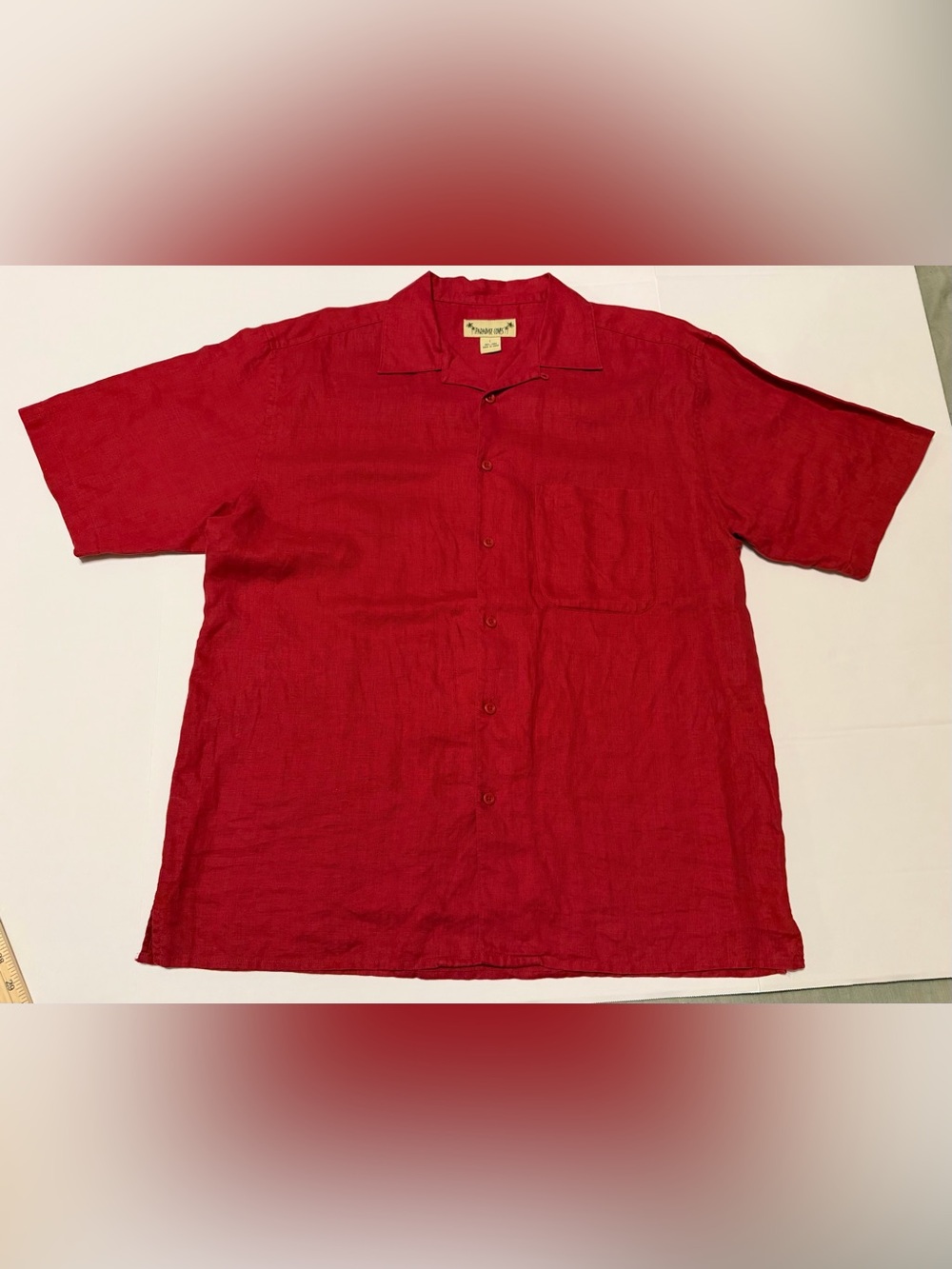 Paradise Coves Men's L Solid Red Linen SS Button-Up Shirt Spread Collar Pockets
